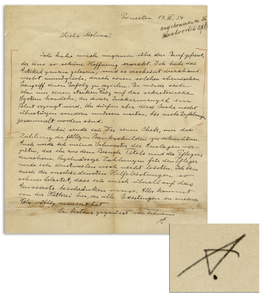 Albert Einstein Autograph Letter Signed From 1934 -- ''...All this is the result of the Hitler-insanity, which has completely ruined the lives of all those around me...''